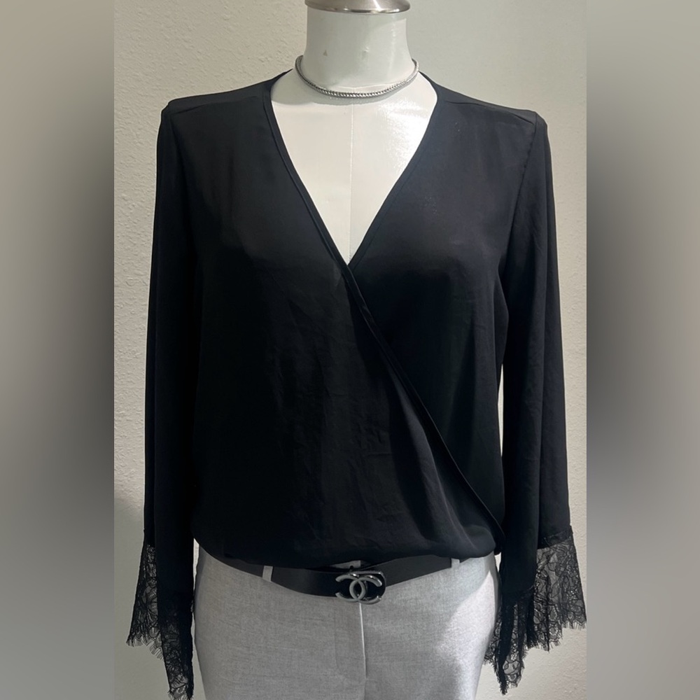 Aqua Black Blouse with Lace Sleeves